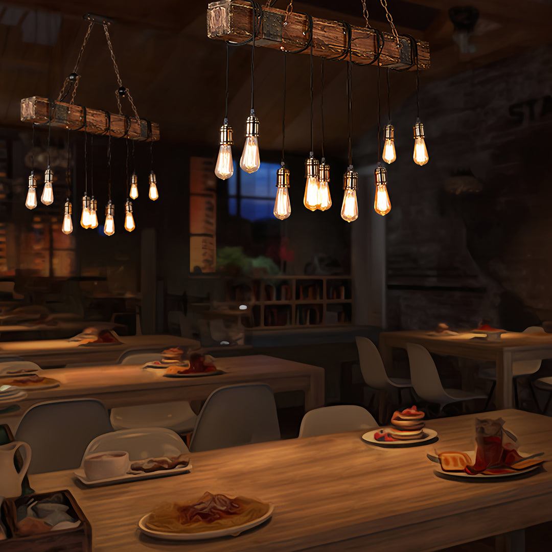 American Vintage Iron and Wood Linear Pendant Light, 10-Light
