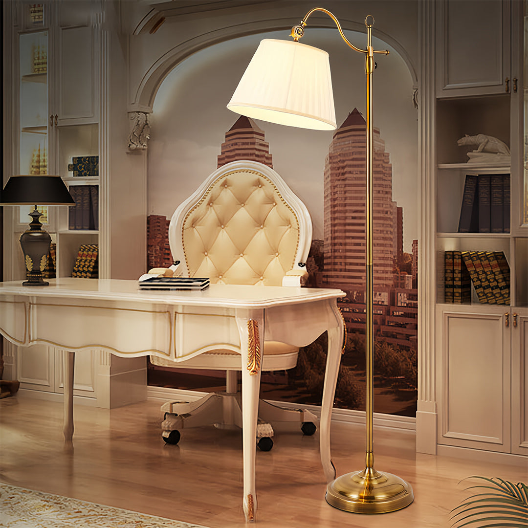 Copper Arc Floor Lamp with Fabric Shade – Vintage Modern Illumination