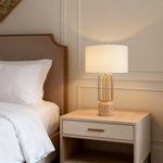 Nordic Geometric Cage Table Lamp with Limestone Base and Fabric Shade