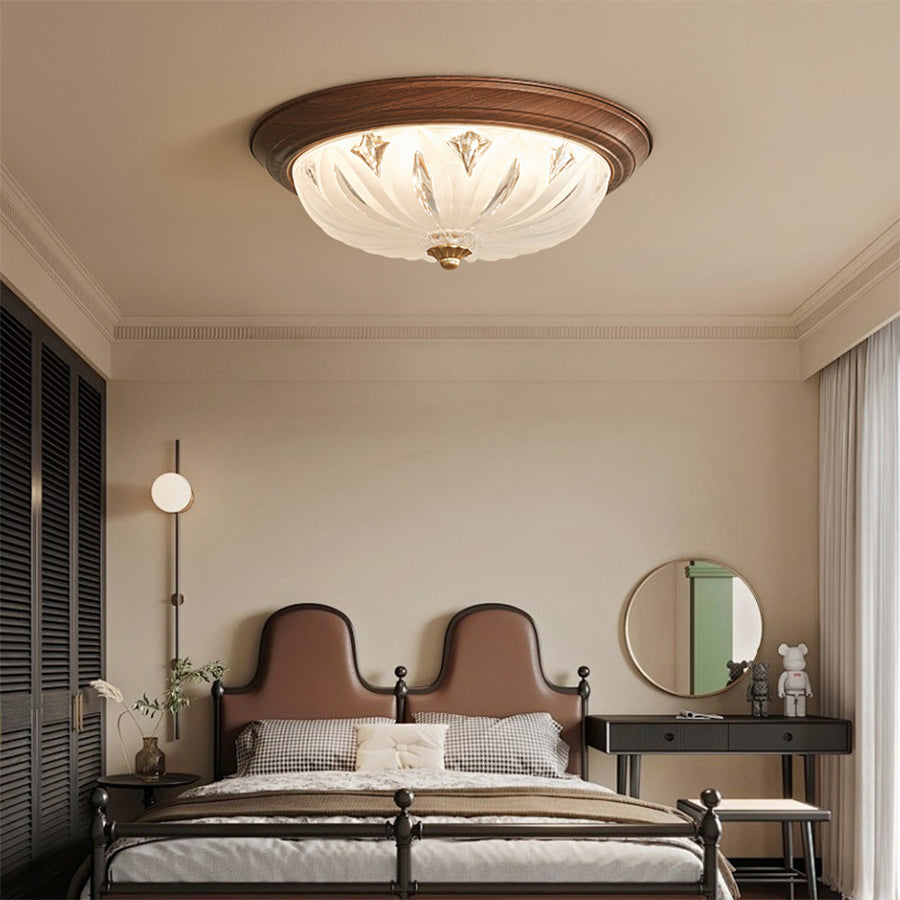 Walnut Retro Flush Mount Ceiling Light with Clear Glass Shade