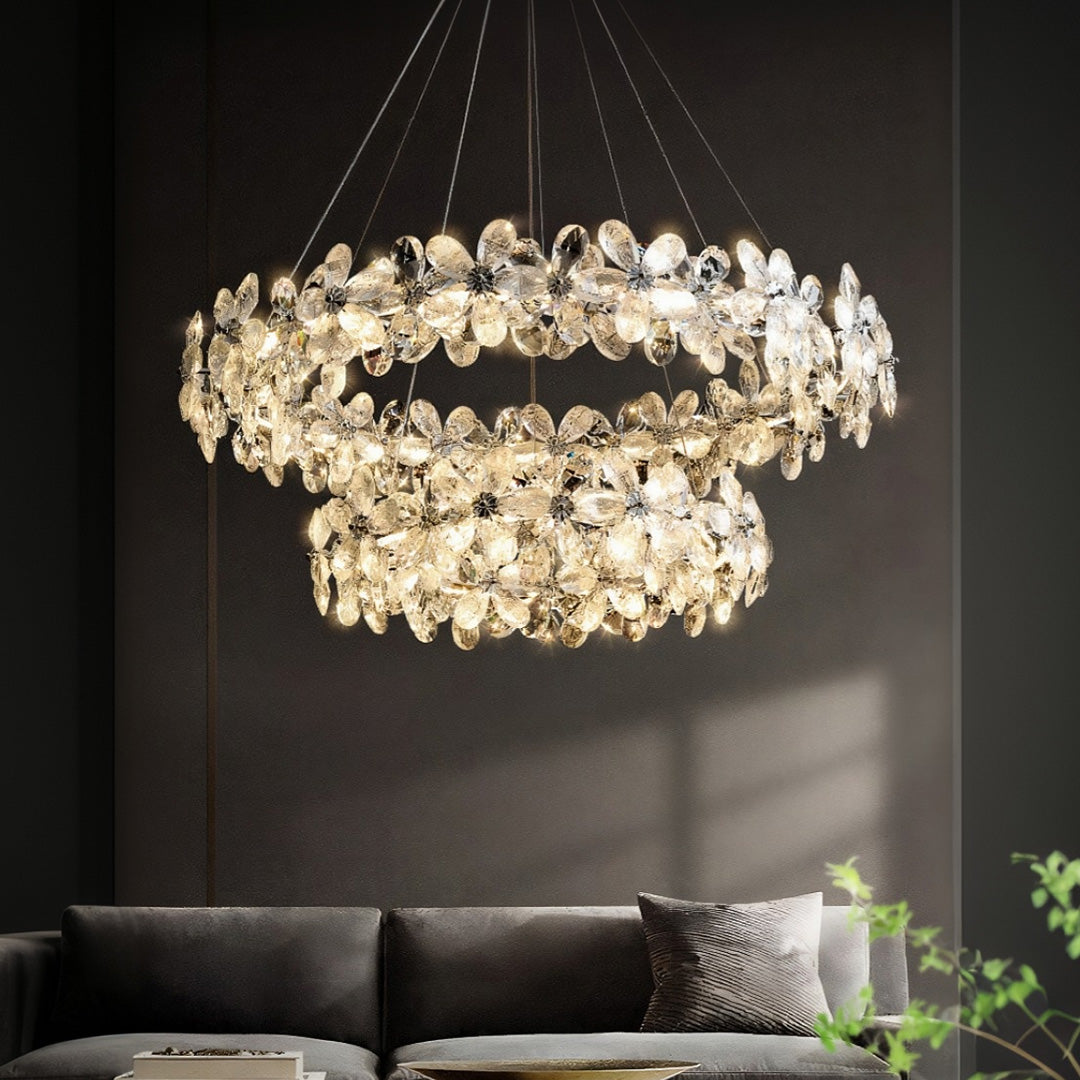 French Crystal Flower Chandelier for Dining Room, Modern LED Pendant Light