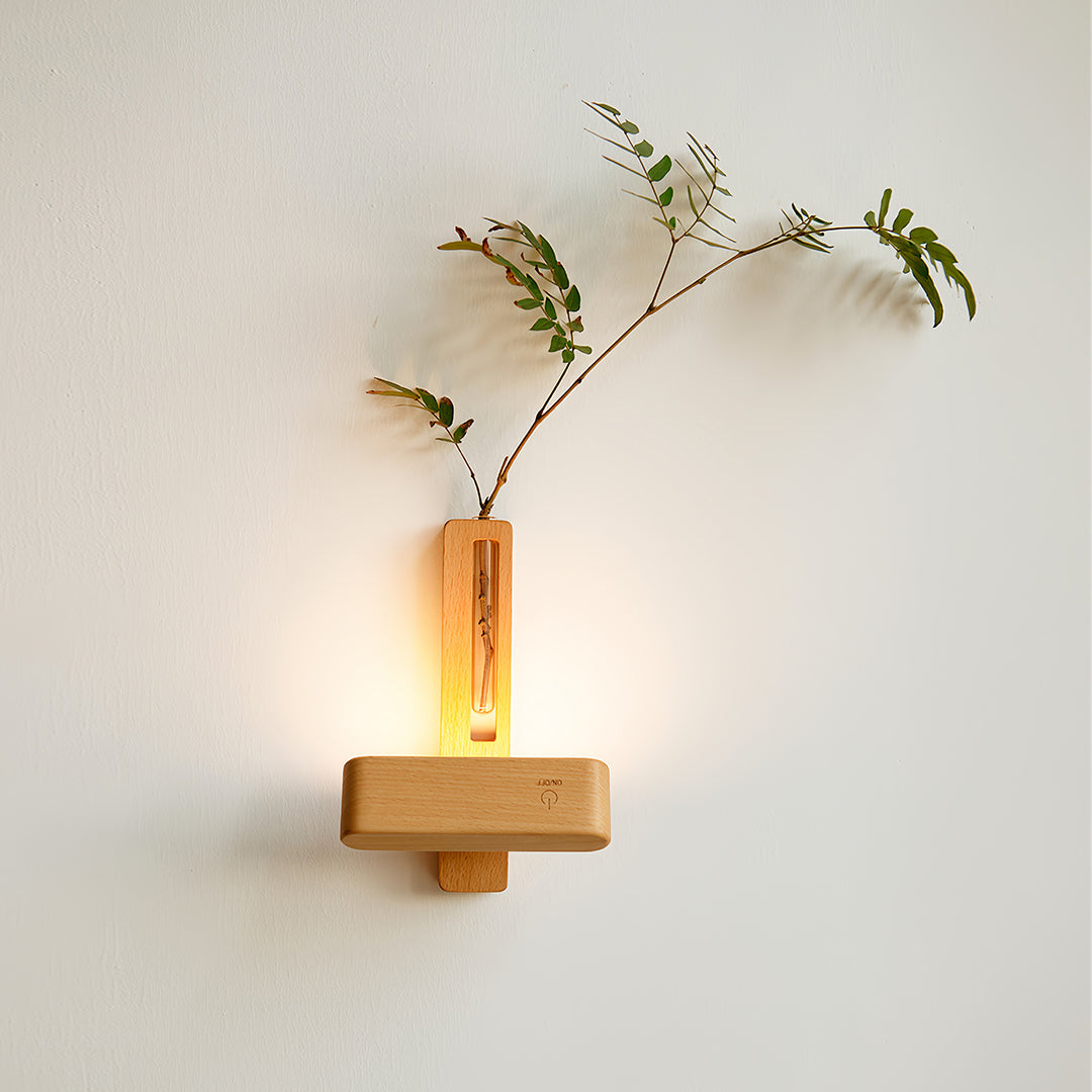 Minimalist Wooden Wall Sconce with Glass Vase and Wireless Magnetic Design