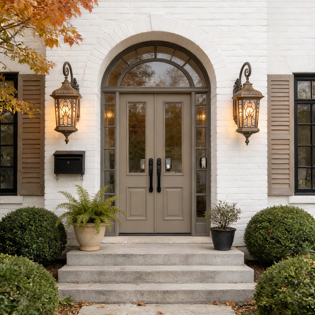 European Outdoor Lantern Wall Sconce in Antique Copper Brass with Clear Glass