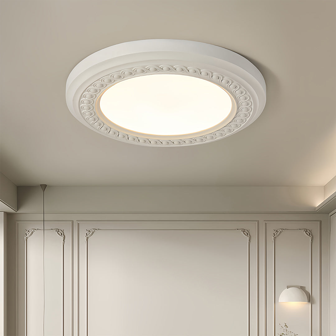 French Retro Flush Mount Ceiling Light with Carved Resin and Acrylic Shade