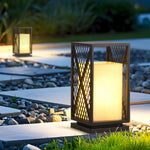 Black Outdoor Floor Lantern with Marble-Textured Shade, IP65 Waterproof Bollard Light