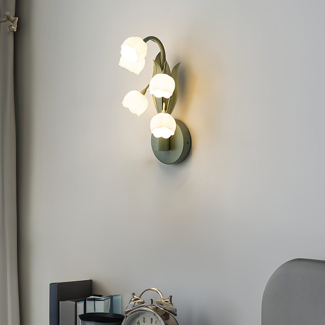 French Country Bellflower Glass Wall Sconce – Green Iron Floral Light