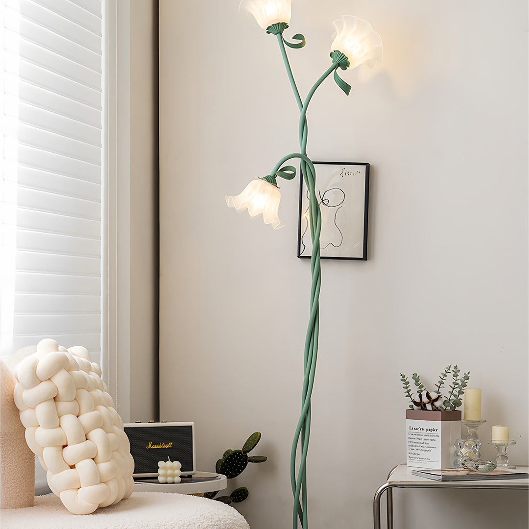 French Country Green Iron Flower Floor Lamp with Clear Glass Shades