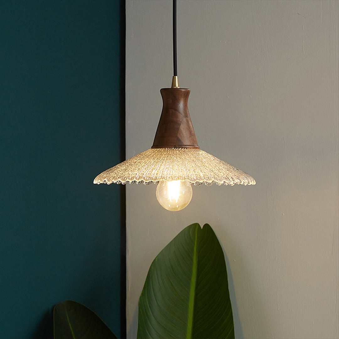 Walnut Wood Pendant Light with Brass Accents and Glass Shade