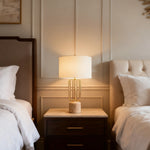 Nordic Geometric Cage Table Lamp with Limestone Base and Fabric Shade