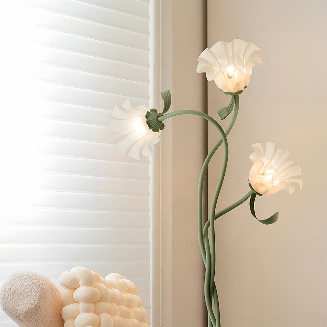 French Country Green Iron Flower Floor Lamp with Clear Glass Shades