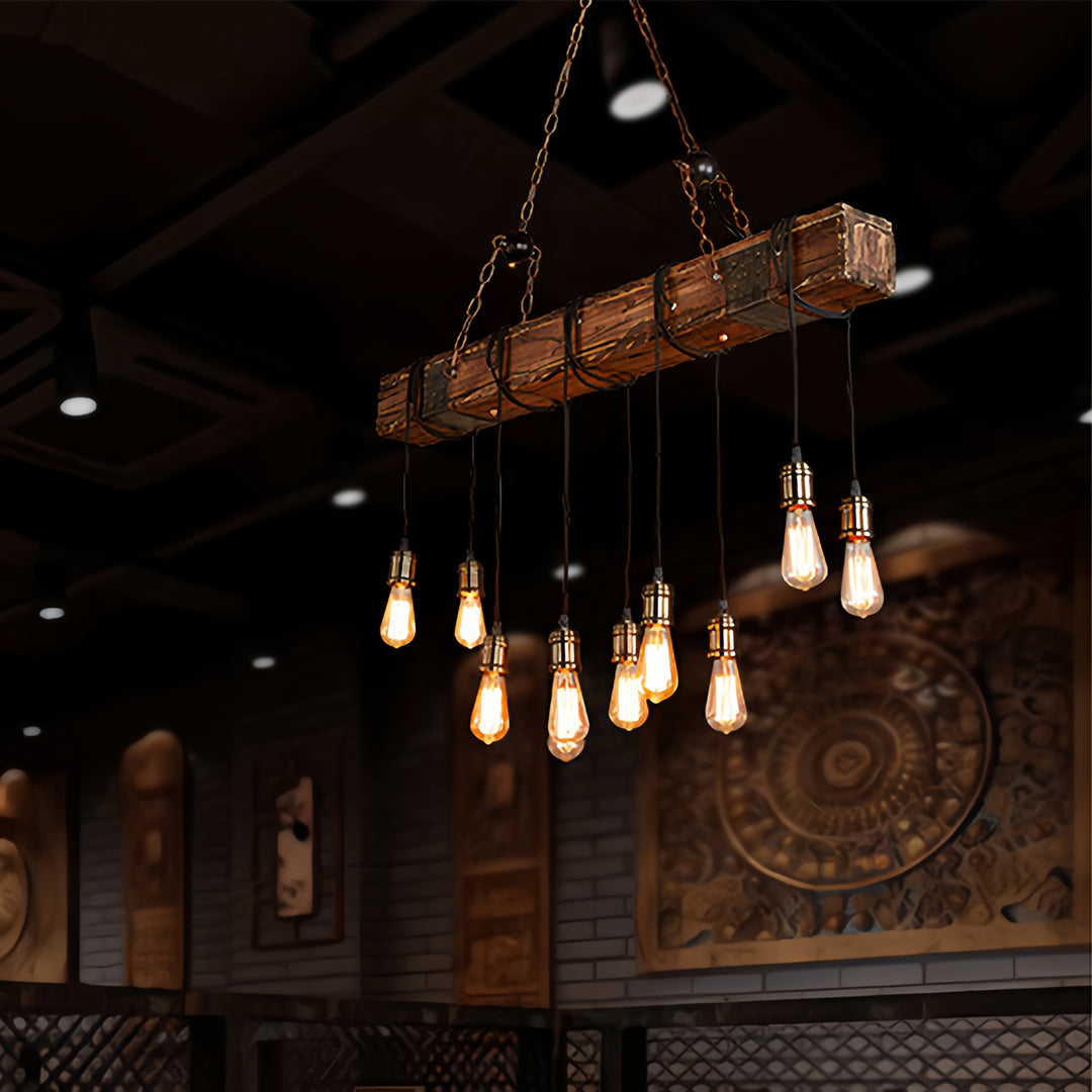American Vintage Iron and Wood Linear Pendant Light, 10-Light