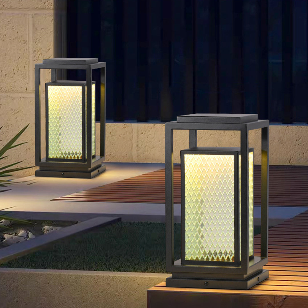 Industrial Outdoor Glass Lantern Bollard Light, Weatherproof Black Square Lawn Lamp