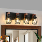 Black Metal Cage Vanity Light with Walnut Accents for Bathroom Mirror