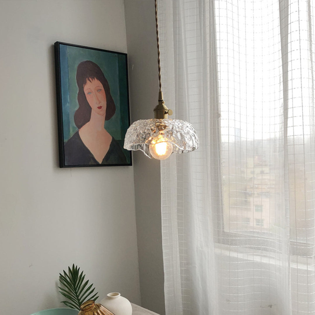 Hammered Glass Pendant Light with Brass Accents