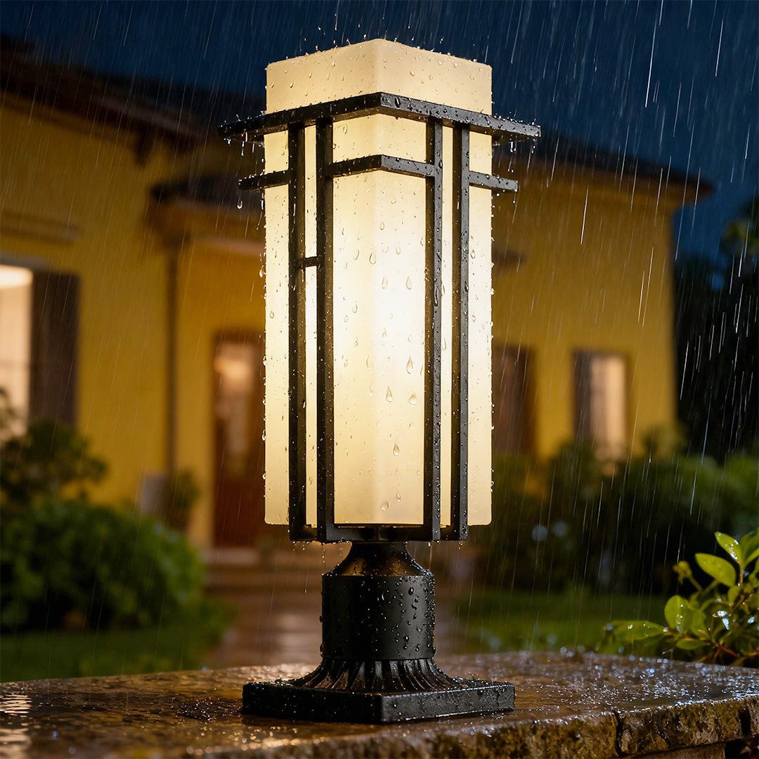 Retro Black Aluminum Bollard Path Lights with Frosted Glass for Garden Walkways