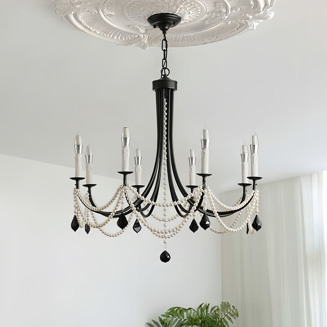 Pearl Crystal Chandelier in Black Iron – Artistic Ceiling Light for Elegant Interiors