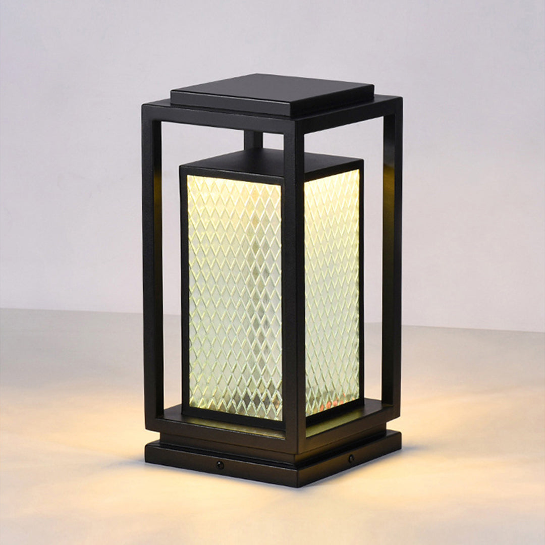 Industrial Outdoor Glass Lantern Bollard Light, Weatherproof Black Square Lawn Lamp
