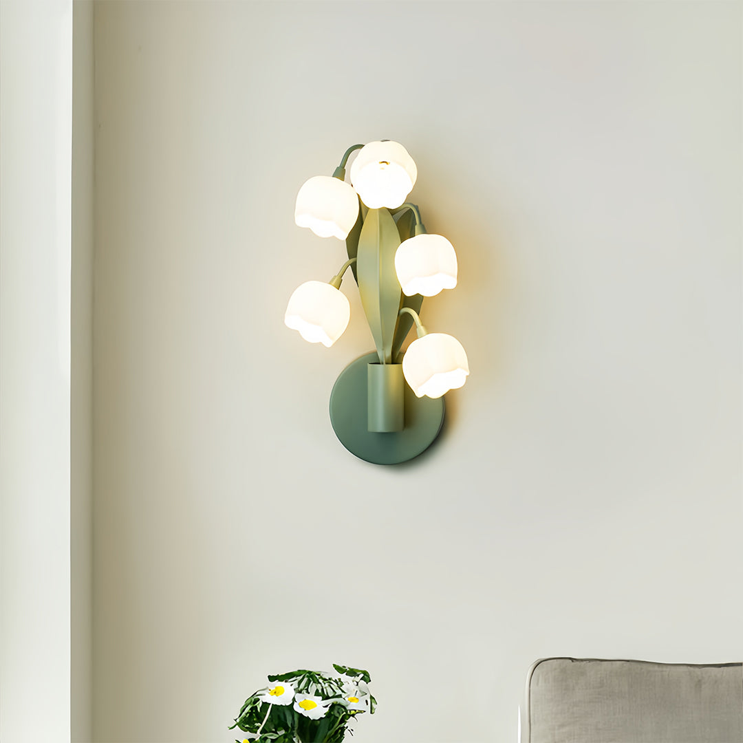 French Country Bellflower Glass Wall Sconce – Green Iron Floral Light