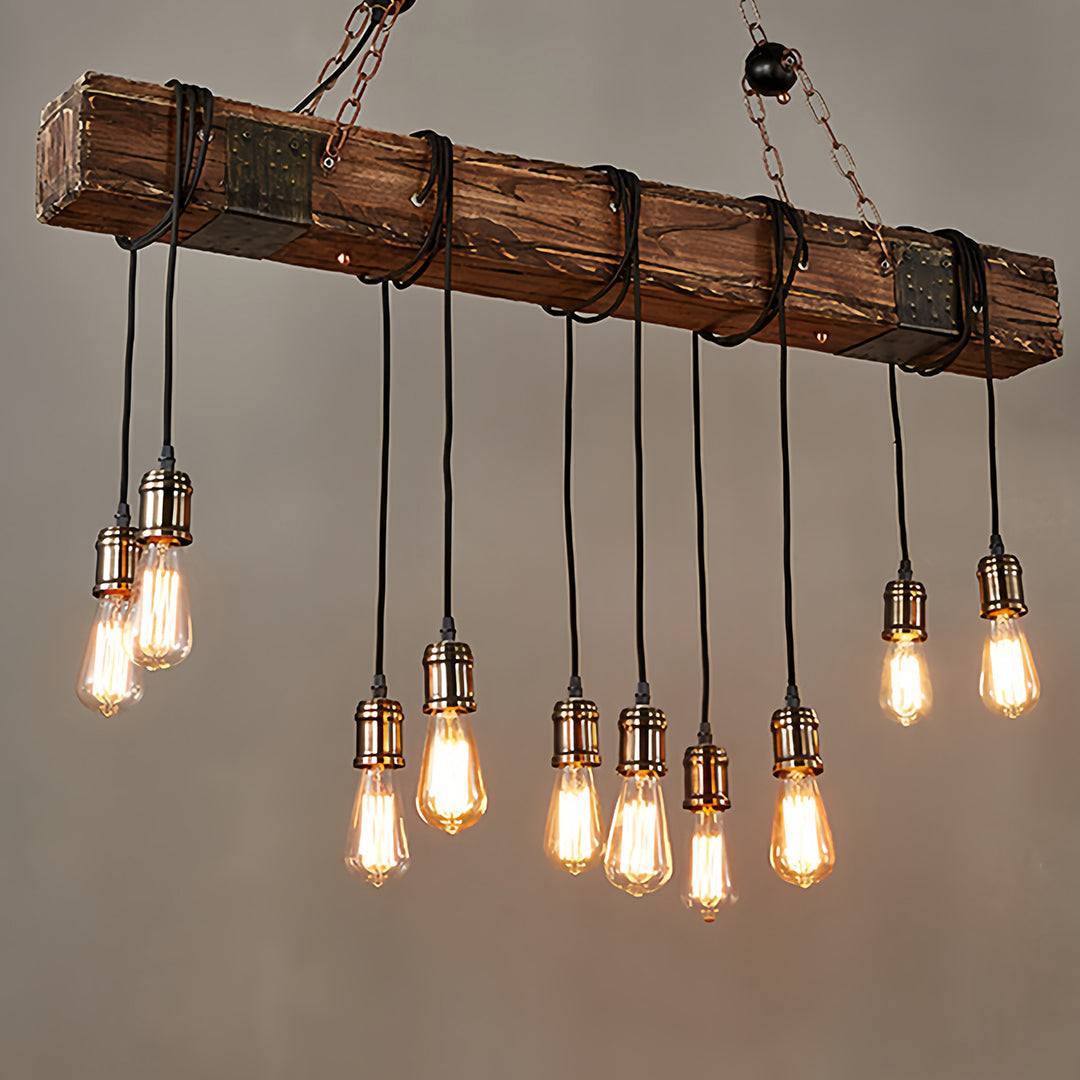 American Vintage Iron and Wood Linear Pendant Light, 10-Light