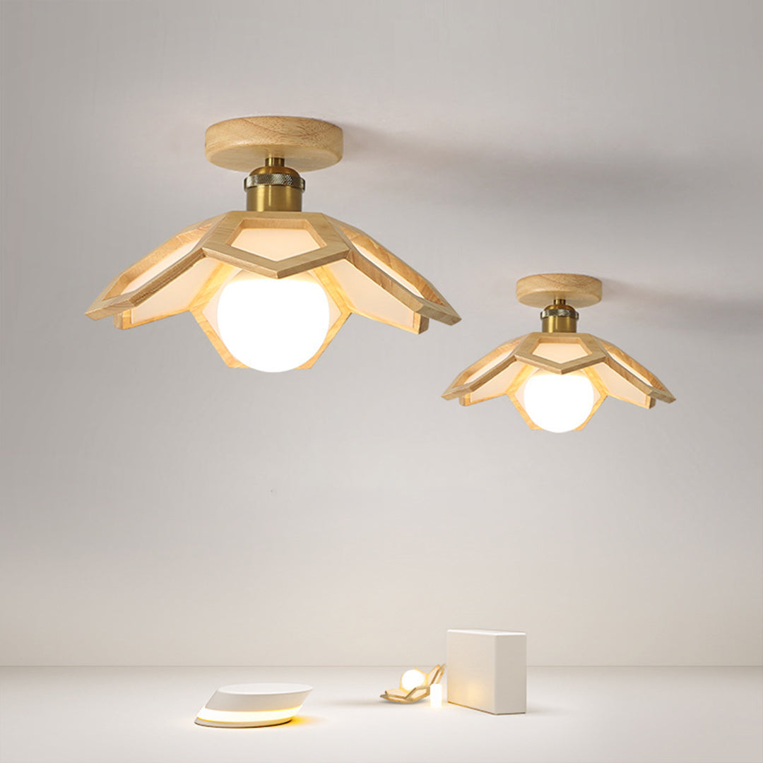 Lotus Wood Semi Flush Mount Ceiling Light in Natural Oak or Walnut