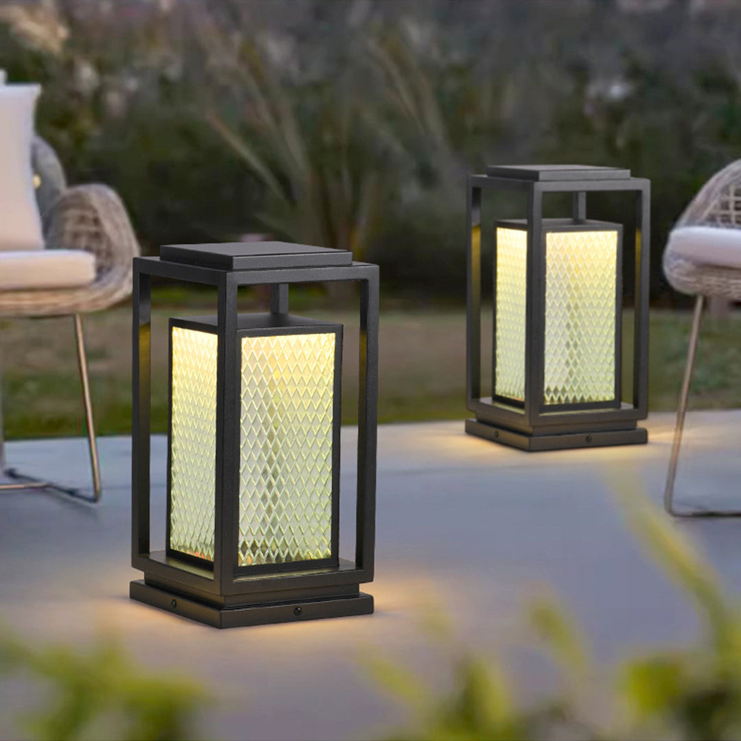 Industrial Outdoor Glass Lantern Bollard Light, Weatherproof Black Square Lawn Lamp