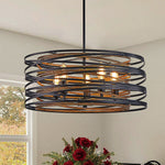 Walnut Accent Black Iron Drum Pendant Light, Adjustable Cylinder Ceiling Lamp