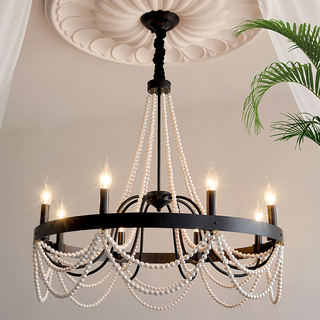French Pearl Wrought Iron Chandelier with Adjustable Chain
