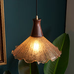Vintage Brass Pendant Light with Walnut Wood and Cracked Glass Shade