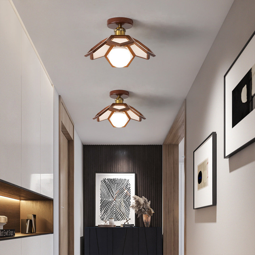 Lotus Wood Semi Flush Mount Ceiling Light in Natural Oak or Walnut