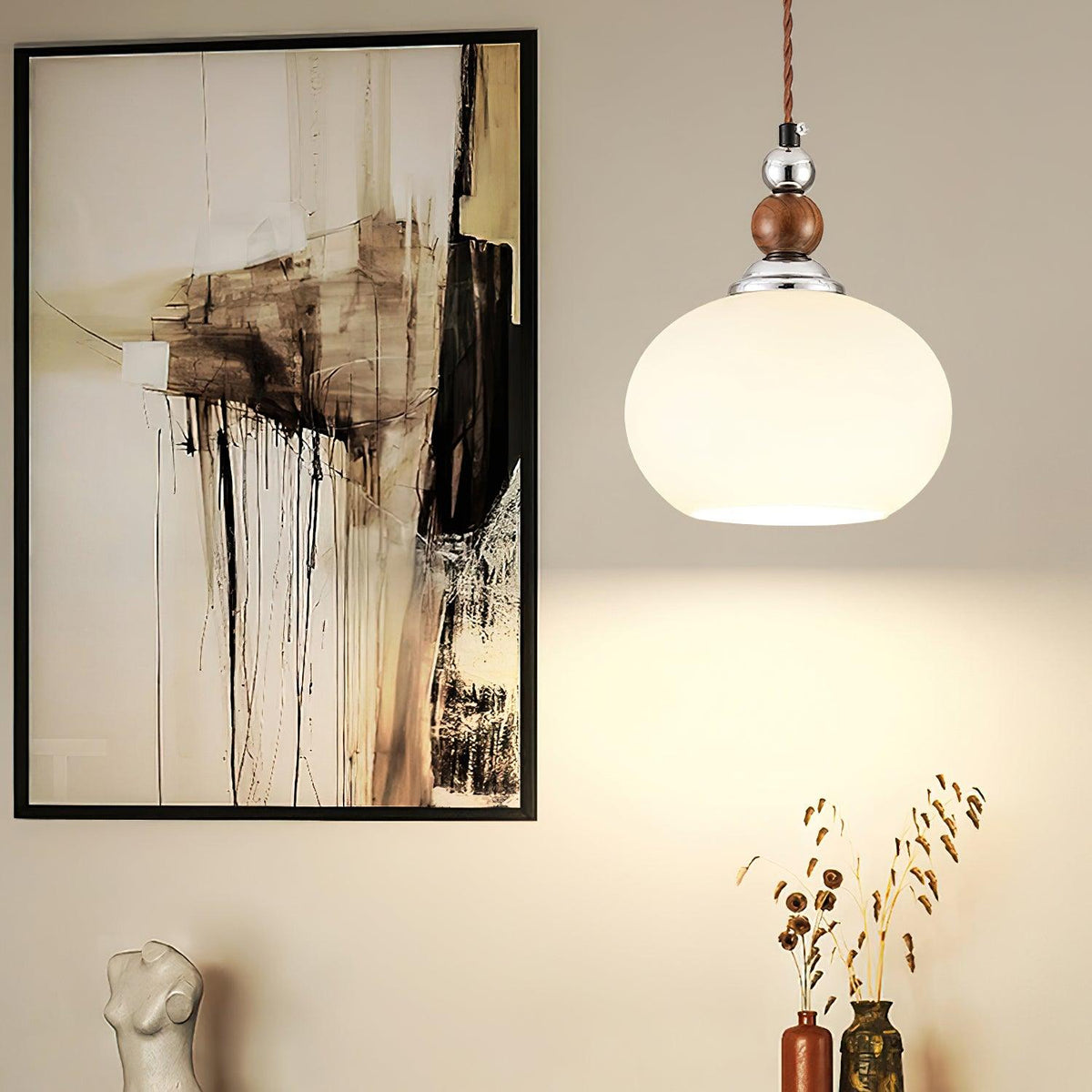 Yisi Po Pendant Light in Black Walnut and Glass, Modern Minimalist Hanging Lamp for Dining and Living Areas