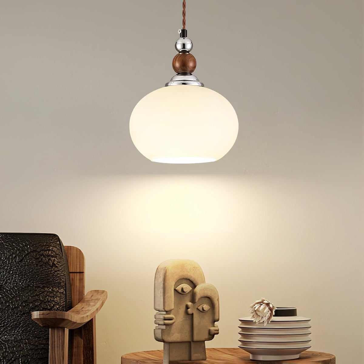 Yisi Po Pendant Light in Black Walnut and Glass, Modern Minimalist Hanging Lamp for Dining and Living Areas