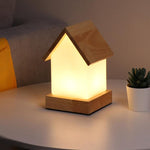 Small House LED Table Lamp in Natural Wood and Frosted Glass for Kids' Rooms