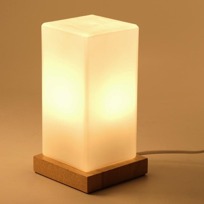 Nordic Wooden Cube Table Lamp with Frosted Glass and Rechargeable LED