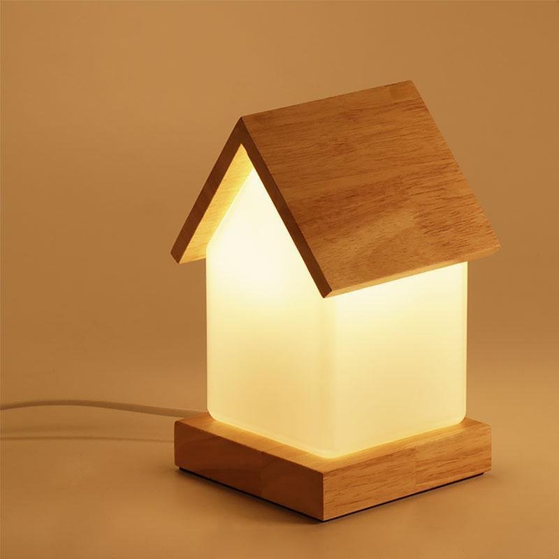 Small House LED Table Lamp in Natural Wood and Frosted Glass for Kids' Rooms