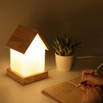 Small House LED Table Lamp in Natural Wood and Frosted Glass for Kids' Rooms