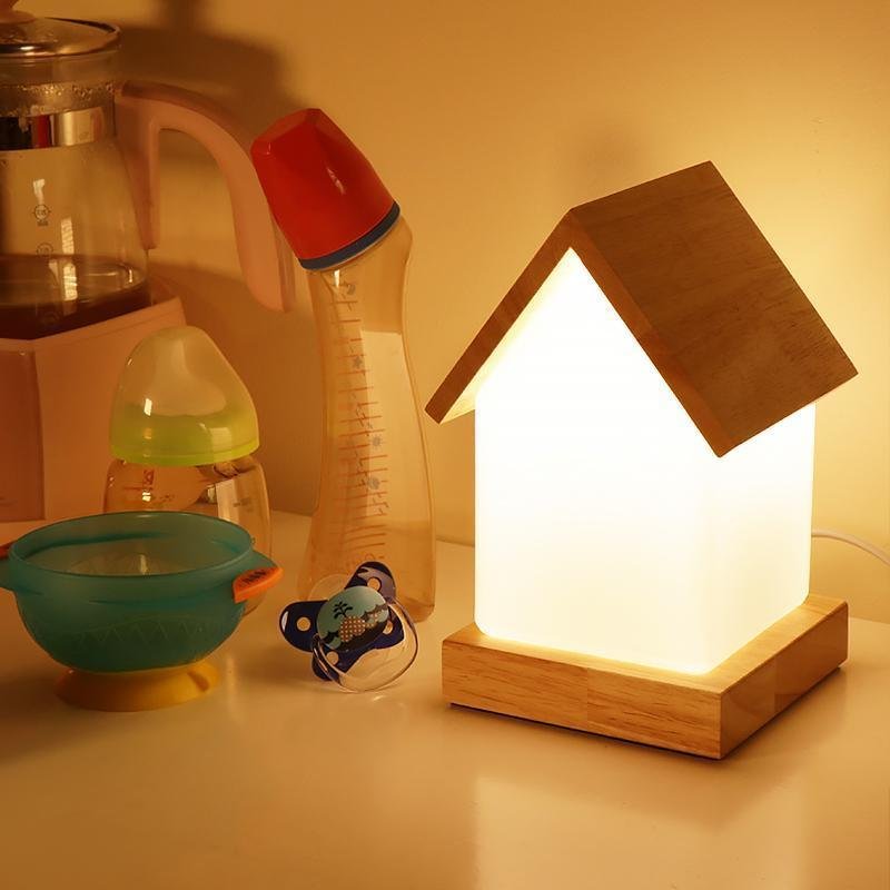 Small House LED Table Lamp in Natural Wood and Frosted Glass for Kids' Rooms