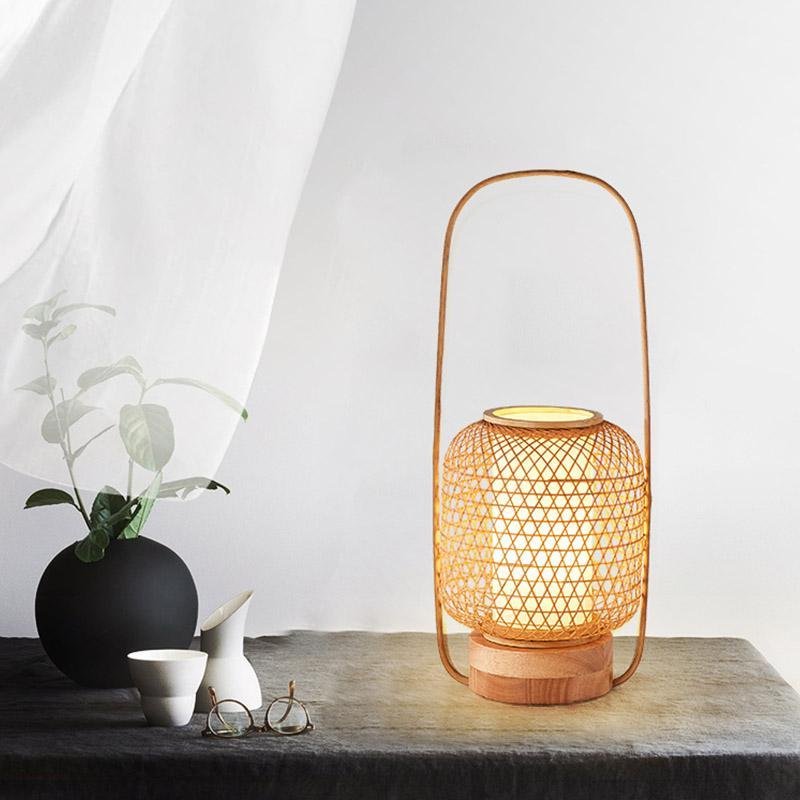 Rustic Woven Bamboo Table Lamp With Cylinder Led Light Usb Port