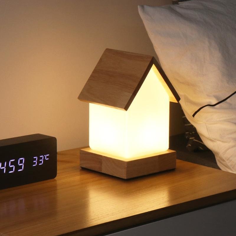 Small House LED Table Lamp in Natural Wood and Frosted Glass for Kids' Rooms