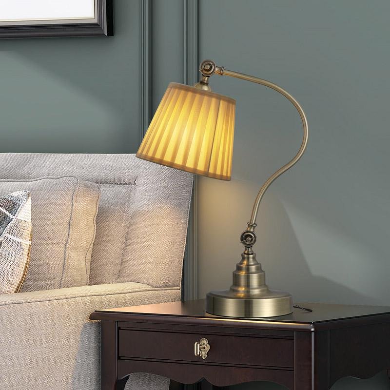 Empire Curved Arm Desk Lamp in Matte White Iron with Linen Shade