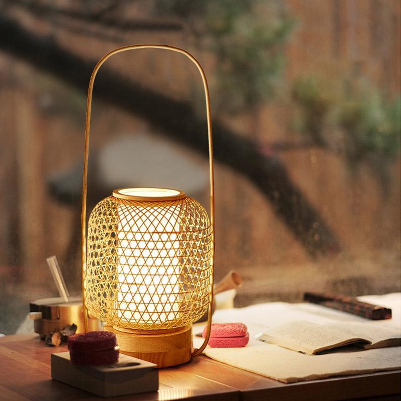 Rustic Woven Bamboo Table Lamp With Cylinder Led Light Usb Port