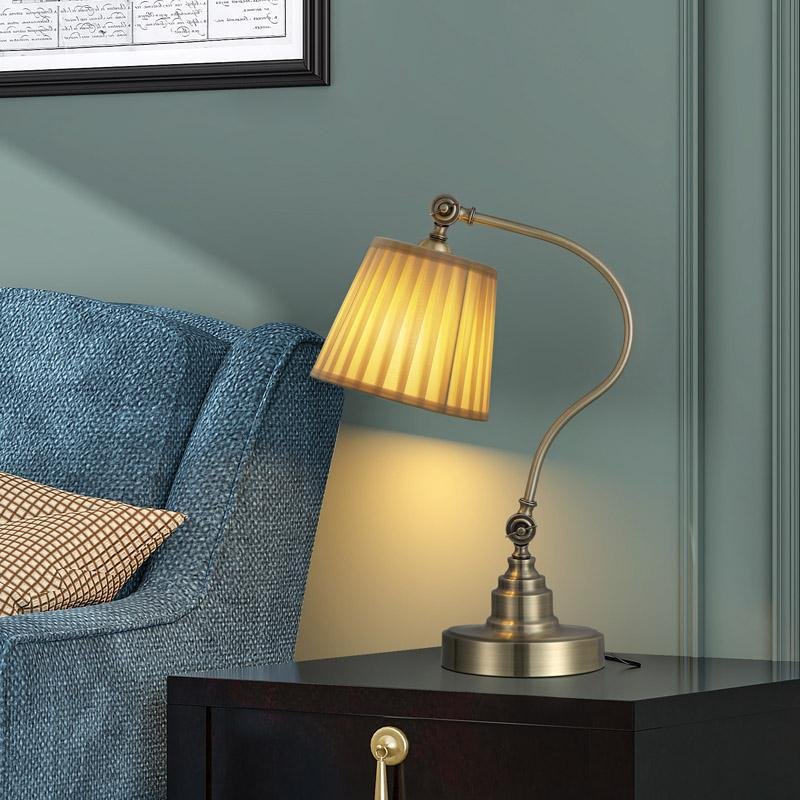 Empire Curved Arm Desk Lamp in Matte White Iron with Linen Shade
