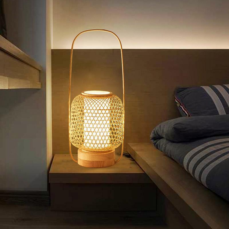 Rustic Woven Bamboo Table Lamp With Cylinder Led Light Usb Port