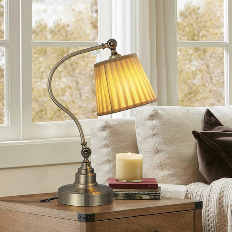 Empire Curved Arm Desk Lamp in Matte White Iron with Linen Shade