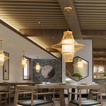 Burlywood Bamboo Pendant Light with Dual Conical Shades