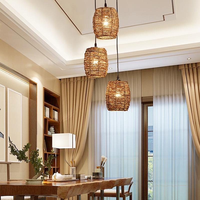 Artisan Wicker Pendant Light Trio — Natural Burlywood Handwoven Shade Set
