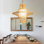 Burlywood Bamboo Pendant Light with Dual Conical Shades