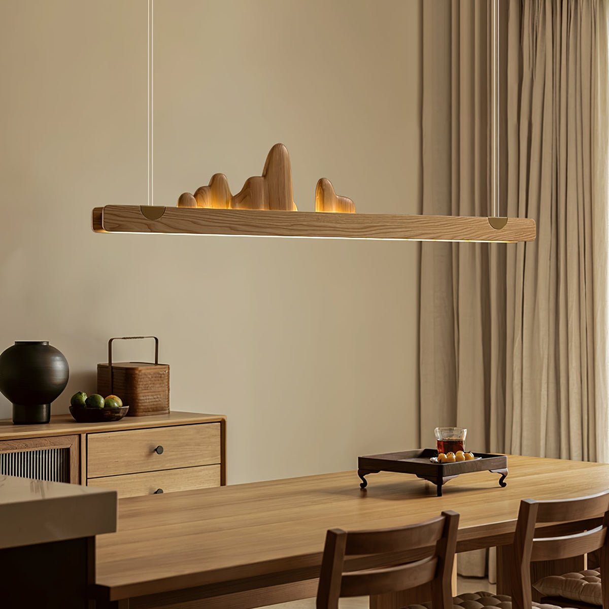 Zen Ridge Wooden Linear LED Pendant Light for Dining Room and Kitchen Island