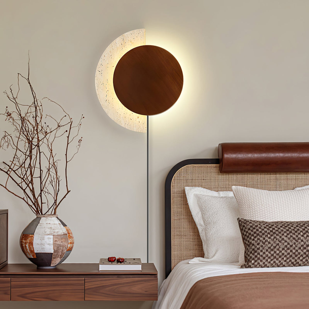 Crescent Halo Plug-In Wall Sconce in Natural Travertine and Wood