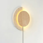 Crescent Halo Plug-In Wall Sconce in Natural Travertine and Wood