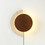 Crescent Halo Plug-In Wall Sconce in Natural Travertine and Wood